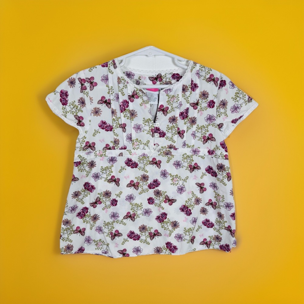 Y2K Vintage Babydoll Cotton Girls 6x Butterfly Floral Print Henley Neckline Pink
